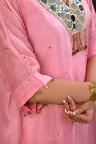 Zuri Light-Pink V-Neck Mirror Work Kurta Set (Set of 3)
