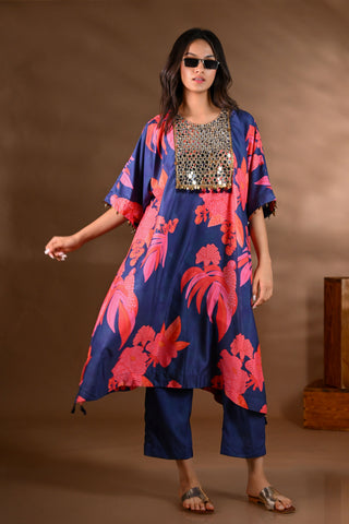 Blue Crepe Printed Mirror-work Yoke Kurta Set (Set of 2)