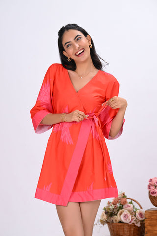 Orange & Pink Bird Print Wrap-Around Mini Dress