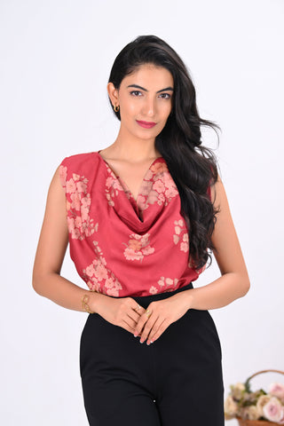 Red Crepe Printed Cowl Neck Sleeveless Top