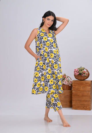 Black & Yellow Floral Print Sleeveless Co-ord Set (Set of 2)