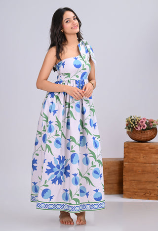 Blue & Off-White Pomegranate Print One-Shoulder Maxi Dress