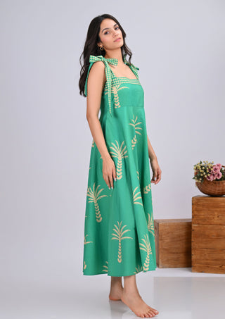 Green & Beige Palm Tree Print Umbrella Tie-Up Maxi Dress