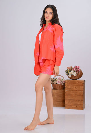 Orange & Pink Bird Print Shirt Co-Ord Set with Short (Set of 2)
