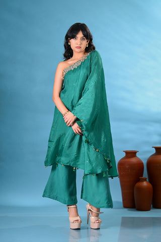 Heer Green One-Shoulder Kurta Set (Set of 2)
