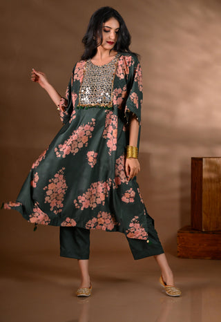 Green Crepe Printed Mirror-work Yoke Kurta Set (Set of 2)