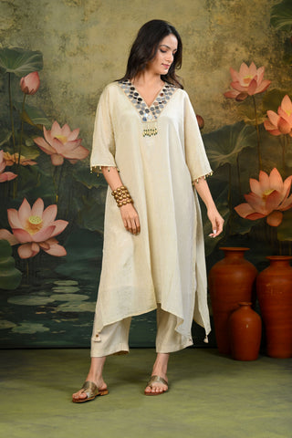 Tara Golden V-Neck Mirror Work Kurta Set (Set of 3)