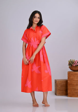 Orange & Pink Bird Print Button-Up Shirt Dress