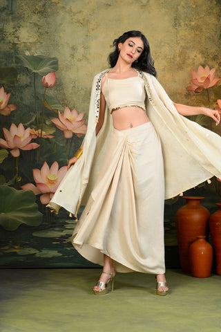 Tara Golden Crop-Top with Drape-Skirt & Cape (Set of 3)