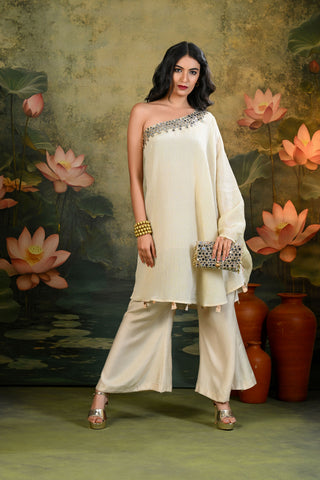 Tara Golden One-shoulder Kurta Set (Set of 2)