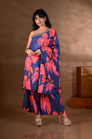 Blue Crepe One-Shoulder Mirror-Work Kurta Set