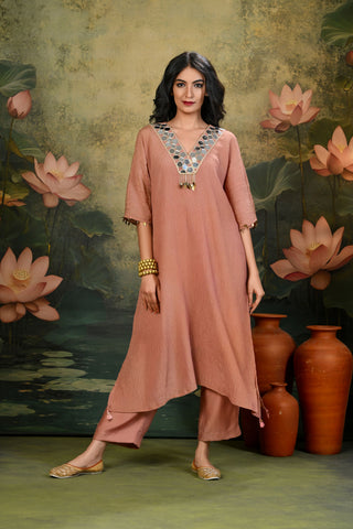 Chandni Brown V-Neck Mirror Work Kurta Set (Set of 3)