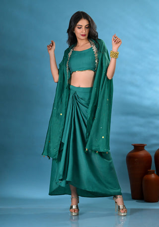 Heer Green Crop-Top with Drape-Skirt & Cape (Set of 3)