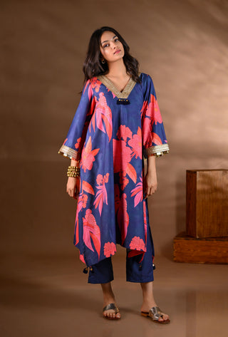 Blue Crepe V-Neck Coin Detailing Kurta Set (Set of 2)