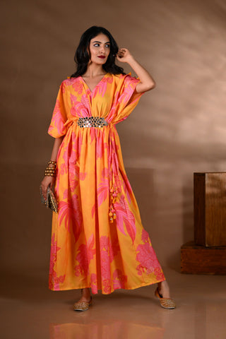 Yellow Crepe Kaftan Maxi Dress