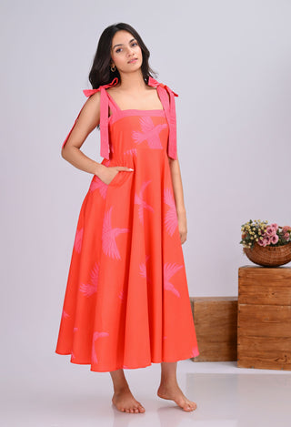 Orange & Pink Bird Print Umbrella Tie-Up Maxi Dress