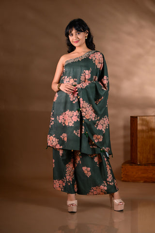 Green Crepe One-Shoulder Mirror-Work Kurta Set (Set of 2)