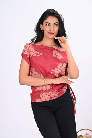 Red Crepe Printed Drop Shoulder Top
