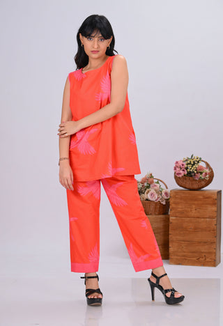 Orange & Pink Bird Print Sleeveless Short Co-ord Set (Set of 2)