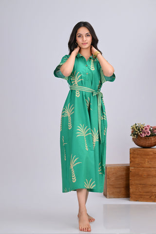 Green & Beige Palm Tree Print Button-Up Shirt Dress