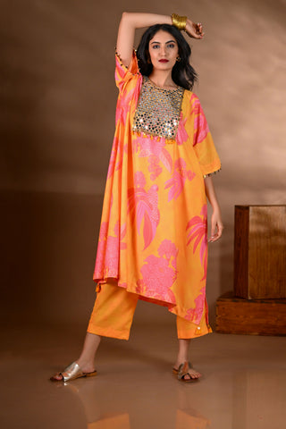Yellow Crepe Printed Mirror-work Yoke Kurta Set (Set of 2)