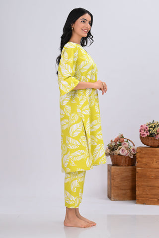 Mustard Yellow Leaves Print Round-Neck Co-ord Set (Set of 2)