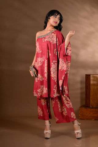 Red Crepe One-Shoulder Mirror-Work Kurta Set