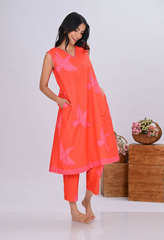 Orange & Pink Bird Print Sleeveless Co-ord Set (Set of 2)
