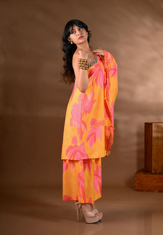Yellow Crepe One-Shoulder Mirror-Work Kurta Set