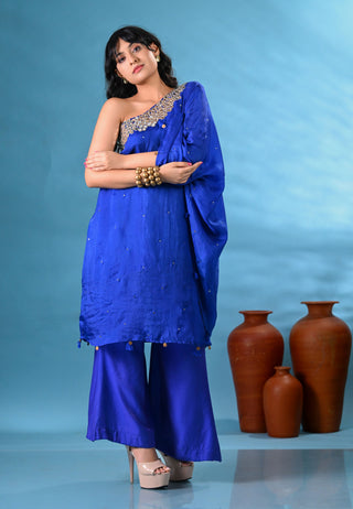 Noori Blue One-shoulder Kurta Set (Set of 2)