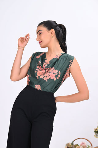Green Crepe Printed Cowl Neck Sleeveless Top
