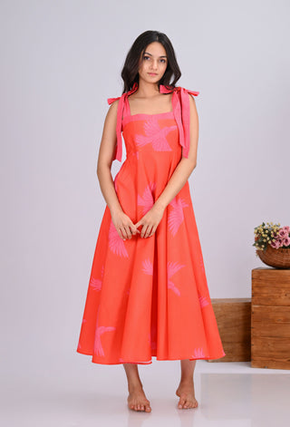 Orange & Pink Bird Print Umbrella Tie-Up Maxi Dress
