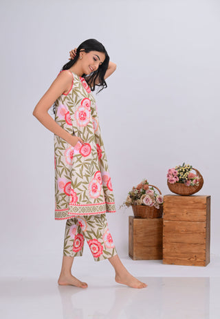 Pink Floral Print Sleeveless Co-ord Set (Set of 2)