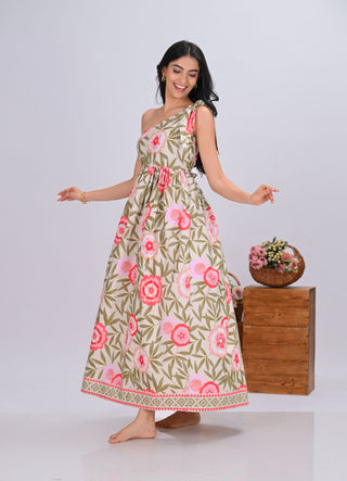 Pink Floral Print One-Shoulder Maxi Dress