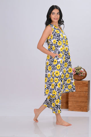 Black & Yellow Floral Print Sleeveless Co-ord Set (Set of 2)