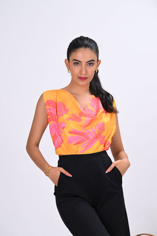 Yellow Crepe Printed Cowl Neck Sleeveless Top