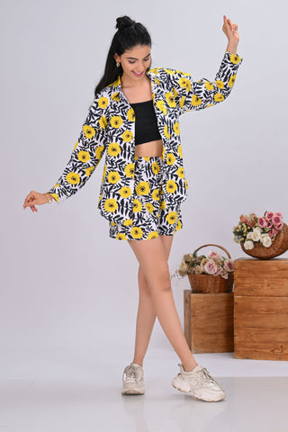Black & Yellow Floral Print Co-Ord Set with Short (Set of 2)