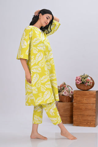 Mustard Yellow Leaves Print Round-Neck Co-ord Set (Set of 2)