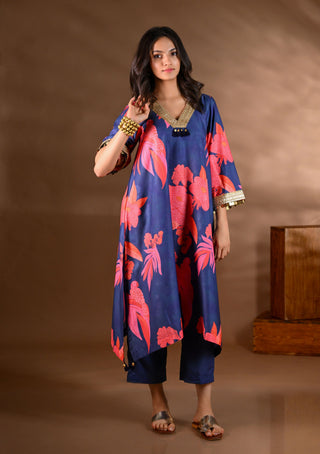 Blue Crepe V-Neck Coin Detailing Kurta Set (Set of 2)