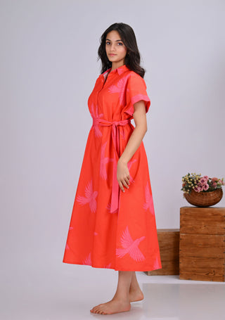 Orange & Pink Bird Print Button-Up Shirt Dress