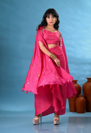 Laila Magenta Pink Crop-Top With Drape-Skirt & Cape (Set of 3)