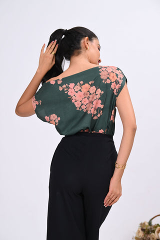 Green Crepe Printed Drop Shoulder Top