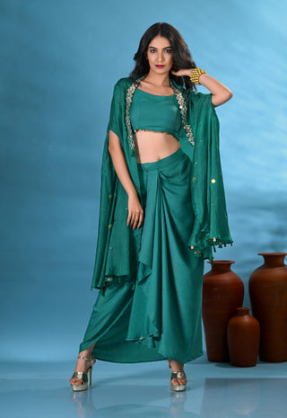 Heer Green Crop-Top with Drape-Skirt & Cape (Set of 3)