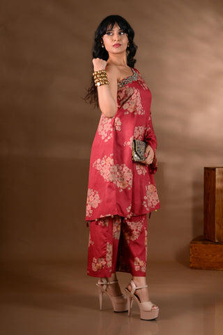 Red Crepe One-Shoulder Mirror-Work Kurta Set