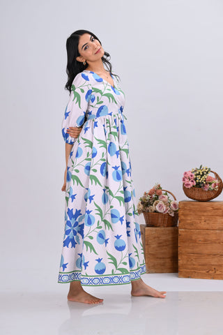Blue & Off-White Pomegranate Print Wrap-Around Maxi Dress