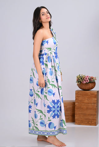 Blue & Off-White Pomegranate Print One-Shoulder Maxi Dress