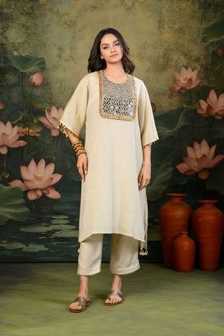 Tara Golden Mirror Work Yoke Kurta Set (Set of 3)