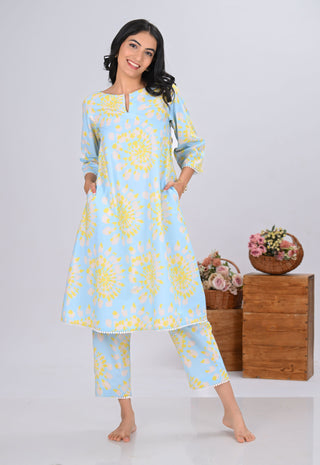 Sky Blue & Yellow Tie-Dye Print Round-Neck Co-ord Set (Set of 2)