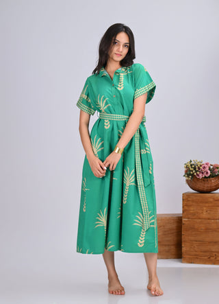 Green & Beige Palm Tree Print Button-Up Shirt Dress