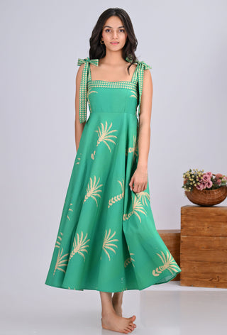 Green & Beige Palm Tree Print Umbrella Tie-Up Maxi Dress